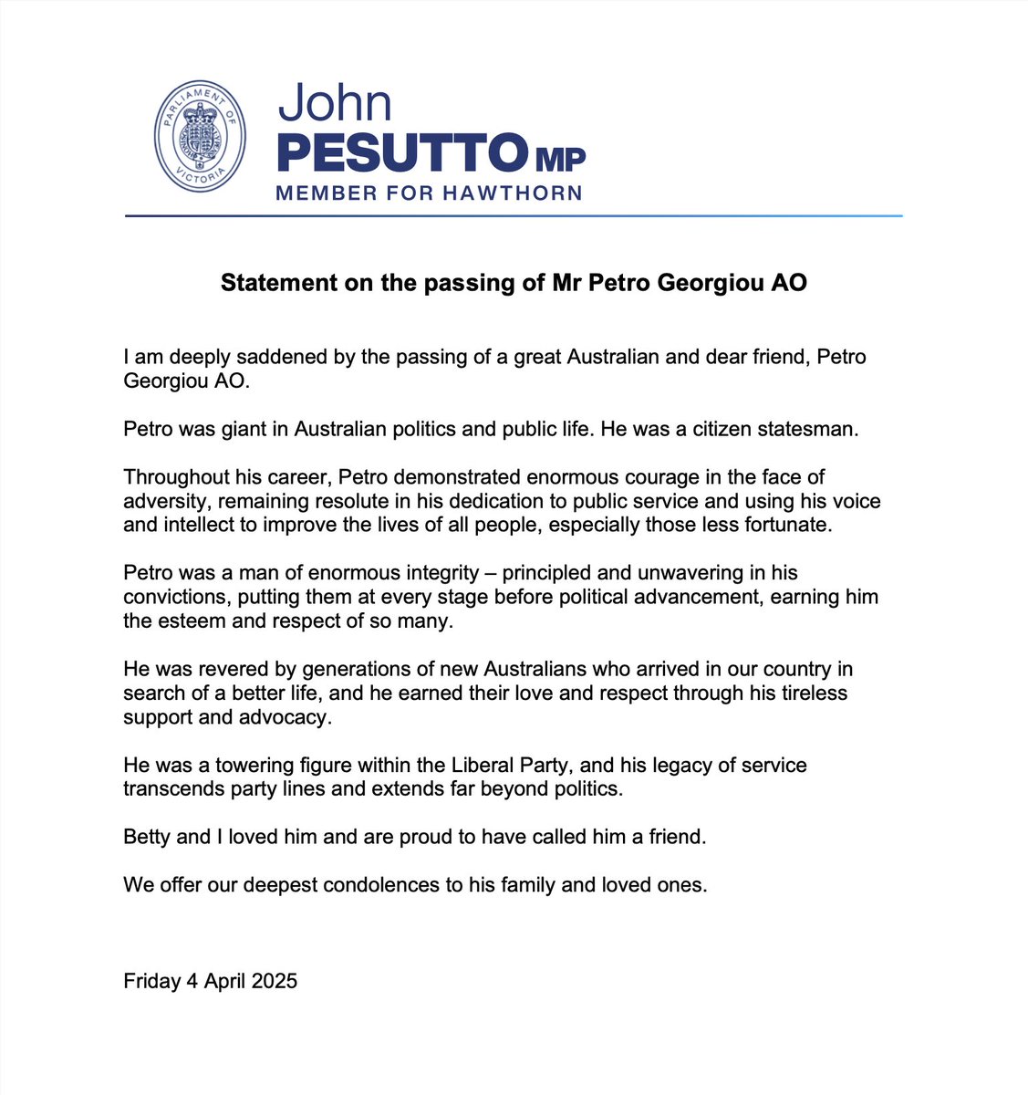 My statement on the passing of Petro Georgiou AO. JP