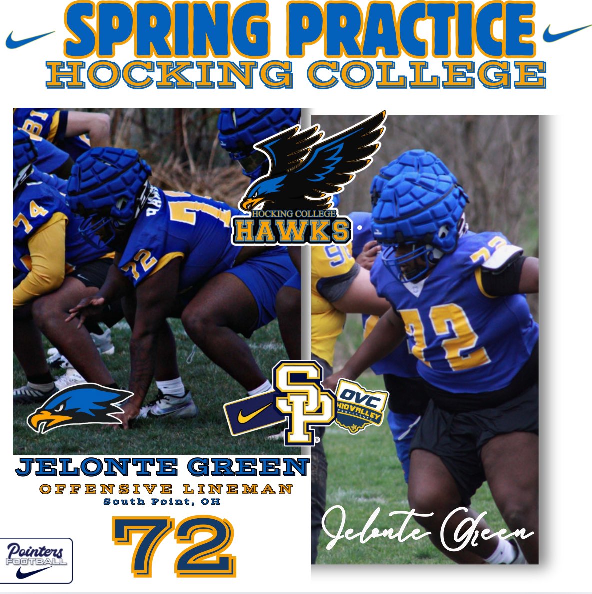 Former SP Player Jelonte Green participated in Hocking College Spring Practice this week. Jelonte worked his way on to the field last season starting several games. He looks be the man this year and Be the Starting Center for the Hawk . He is also killing it in the classroom.