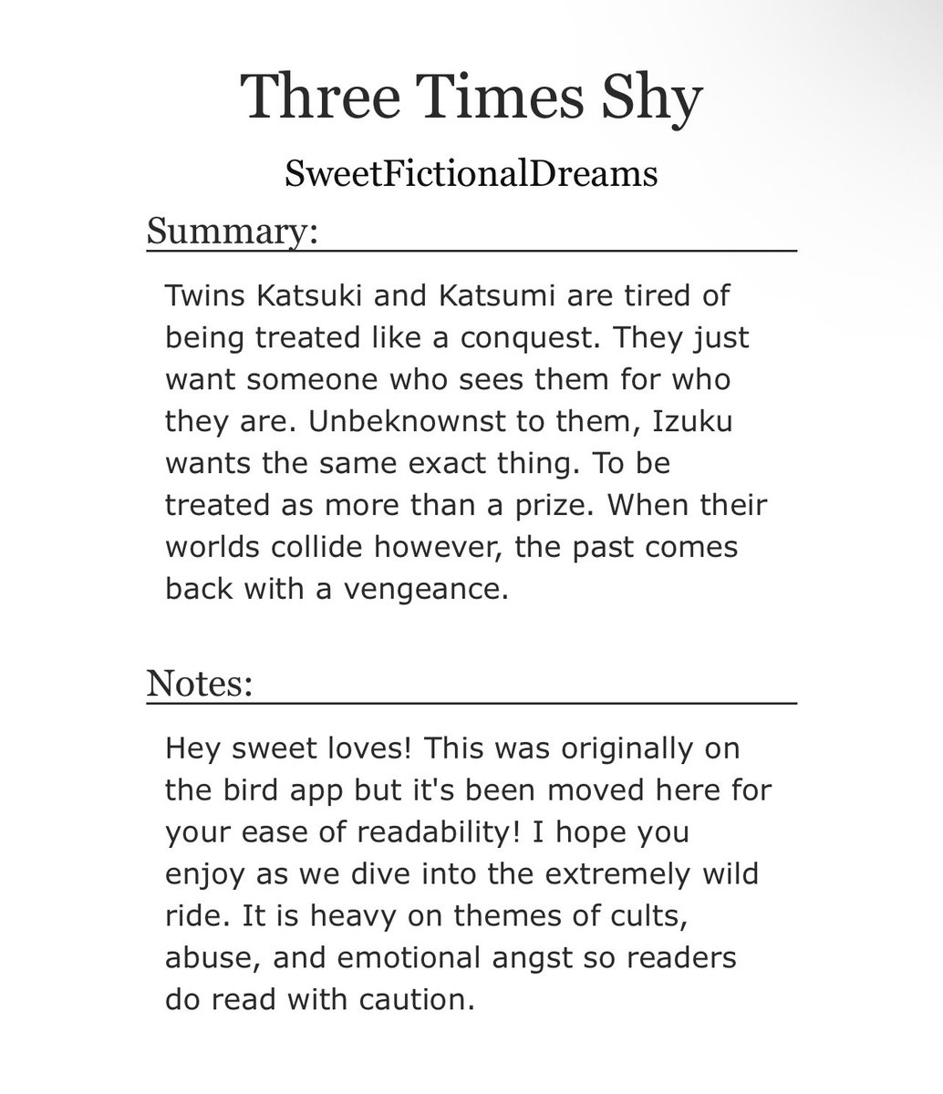 sweet_n_fiction's tweet photo. Three Times Shy
It’s on AO3 now!! 6 chapters up so far the other two will go up tomorrow and then the update will be coming soon!!
 https://t.co/O346HdsthT https://t.co/UQcEvKAhjz