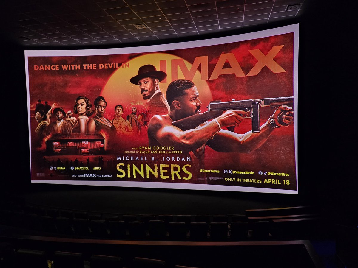 #SinnersMovie is a pulse-pounding horror film. Vampires feeding on sin &amp; insecurity. Blues, religion, redemption, &amp; social commentary all collide. Think From Dusk Till Dawn x 28 Days Later x Demon Knight. See it in IMAX for the full experience!