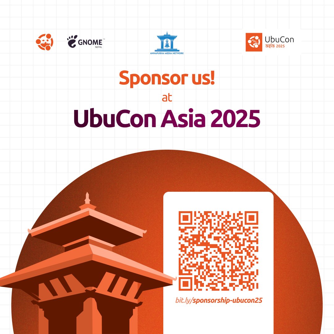 UbuConAsia's tweet image. #CallForSponsorship
✨ Join hands with UbuConAsia 2025! Partner with us to amplify open-source innovation across Asia. Let’s connect 300+ Ubuntu enthusiasts in Kathmandu this September.
📌 Reach out: docs.google.com/forms/d/1KIuvF…
#OpenSourceCommunity #UbuConAsia2025 #Foss #nepal