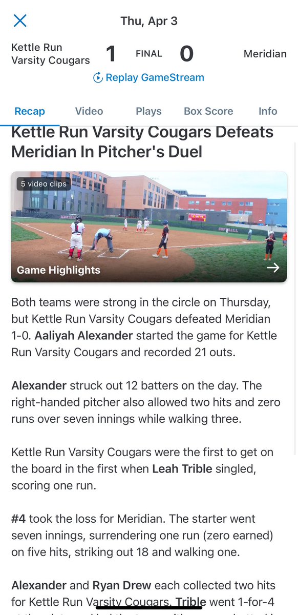 Athlete's Addiction (@athletesaddict) on Twitter photo AA Vet <a href="/Ajalexander42/">Aaliyah.Alexander</a> with a dominant performance tonight for Kettle Run’s softball team.
> 7 innings, 12 strikeouts, no runs 🤩🙌 AA Vet <a href="/Ajalexander42/">Aaliyah.Alexander</a> with a dominant performance tonight for Kettle Run’s softball team.
> 7 innings, 12 strikeouts, no runs 🤩🙌