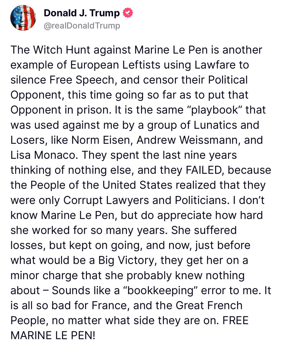 BREAKING 🚨 President Trump stuns the world by exposing France and saying “Free Marine Le Pen”

France has officially fallen