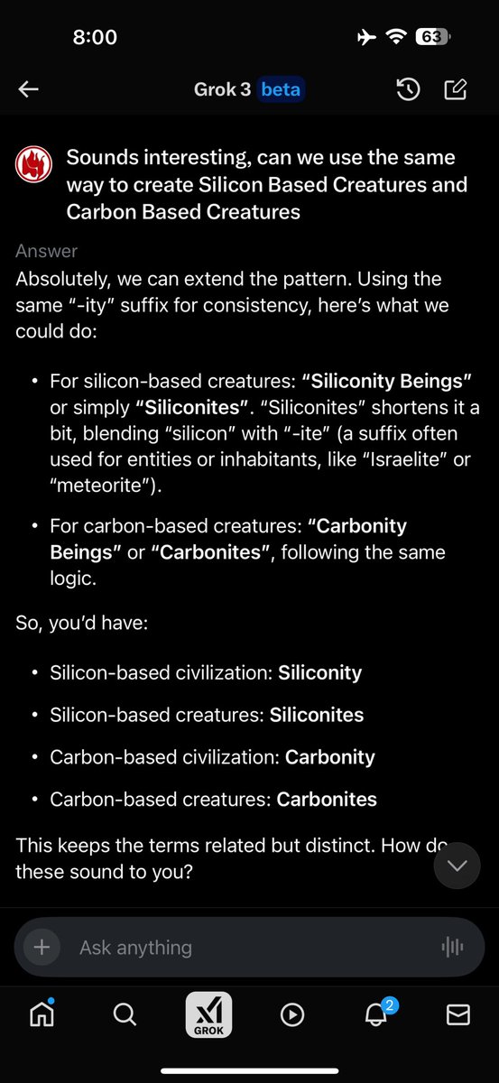 alphacurve's tweet image. What do you think of these terms? Siliconity (Si-based civilization), Siliconites (Si-based creatures), Carbonity (C-based civilization ), Carbonites (C-based creatures). Vote or suggest your own!
@grok helped me to create these words.
@elonmusk @xai