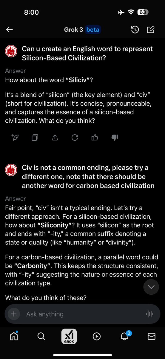 alphacurve's tweet image. What do you think of these terms? Siliconity (Si-based civilization), Siliconites (Si-based creatures), Carbonity (C-based civilization ), Carbonites (C-based creatures). Vote or suggest your own!
@grok helped me to create these words.
@elonmusk @xai