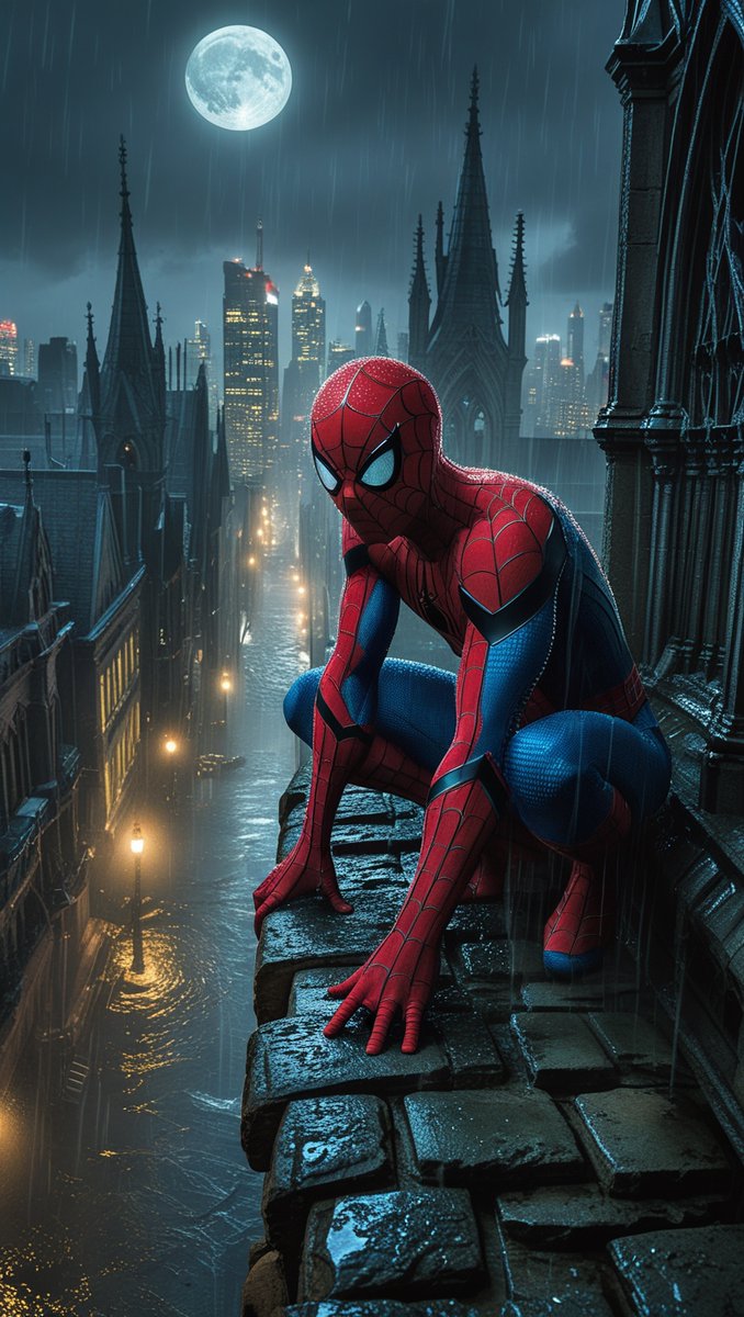 JsimoDesign's tweet image. Feel the tension of the night as Spider-Man perches on a rooftop, watching over the city under a glowing full moon. 🌃✨