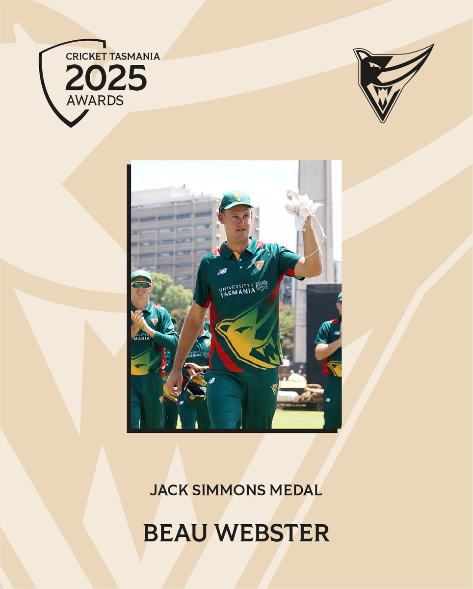 Congratulations to Beau Webster, the 2024 - 25 Jack Simmons Medallist for the One Day Cup Player of the Year!