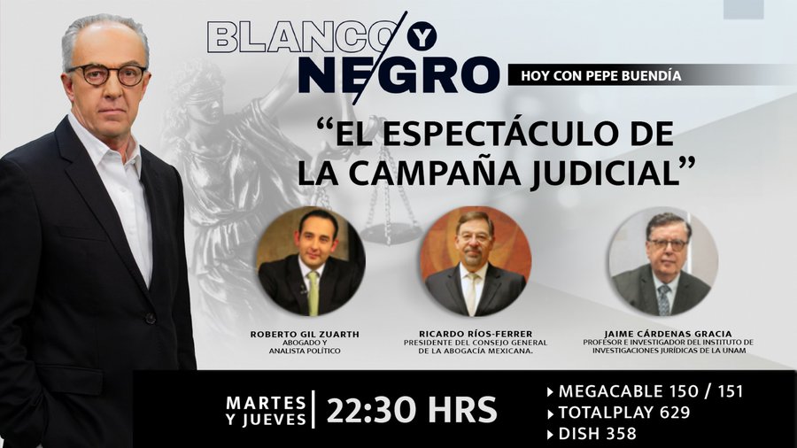 Consejo General de la Abogacía Mexicana (@consabogaciamex) on Twitter photo 📺 Blanco y Negro – Este jueves 22:30 hrs.
El espectáculo de la campaña judicial con <a href="/JoseBuendiaMx/">José Buendía</a> , Jaime Cárdenas Gracia y <a href="/RicRifer/">Ricardo Rios-Ferrer</a>
Sintonízalo en:
✔️ Megacable 150/151
✔️ Totalplay 629
✔️ Dish 358
🔴 En vivo aquí: youtube.com/live/W7zZ5z9I6…
#BlancoYNegro 📺 Blanco y Negro – Este jueves 22:30 hrs.
El espectáculo de la campaña judicial con <a href="/JoseBuendiaMx/">José Buendía</a> , Jaime Cárdenas Gracia y <a href="/RicRifer/">Ricardo Rios-Ferrer</a>
Sintonízalo en:
✔️ Megacable 150/151
✔️ Totalplay 629
✔️ Dish 358
🔴 En vivo aquí: youtube.com/live/W7zZ5z9I6…
#BlancoYNegro