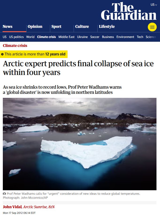 ChrisMartzWX's tweet photo. The Guardian has reported that the Arctic Ocean will be ice-free within the next four years.

Oh wait, silly me, this article was written 12 years ago. https://t.co/sB8g21HHlL