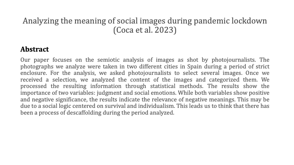 Analyzing the meaning of social images during pandemic lockdown
By Juan R. Coca, Claudio J. Rodríguez H, Juan A. Roche-Cárcel&amp; Alberto Soto-Sánchez
DOI: 10.1080/10350330.2023.2240244
#socialsemiotics #Imageanalysis #SARS #Spain #emon #socialsigns