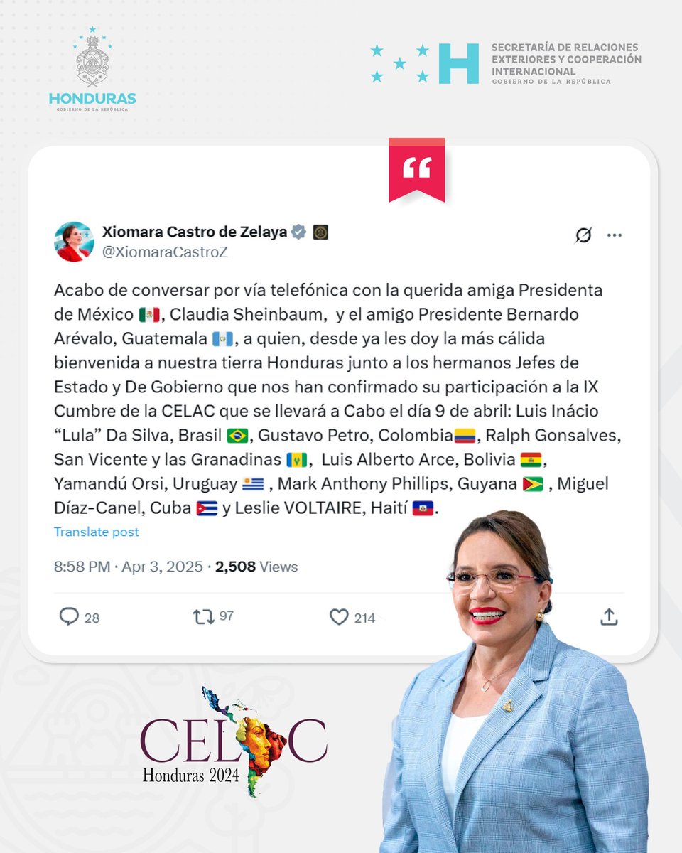 ¡HISTÓRICO! 

La Mandataria <a href="/XiomaraCastroZ/">Xiomara Castro de Zelaya</a> anunció la participación de la Presidenta de México, <a href="/Claudiashein/">Claudia Sheinbaum Pardo</a> y el Presidente de Guatemala <a href="/BArevalodeLeon/">Bernardo Arévalo</a> en la IX Cumbre de Jefes y Jefas de Estado de la CELAC, en la que Honduras entregará la PPT del mecanismo a COLOMBIA.