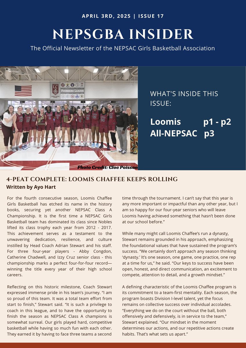 The latest issue of NEPSGBA Insider is hot off the press. We take an inside look into how Head Coach Adrian Stewart and his staff have built a program that just captured their fourth STRAIGHT NEPSAC Class A Championship.  Spoiler alert: it's SO much more than the Xs and Os