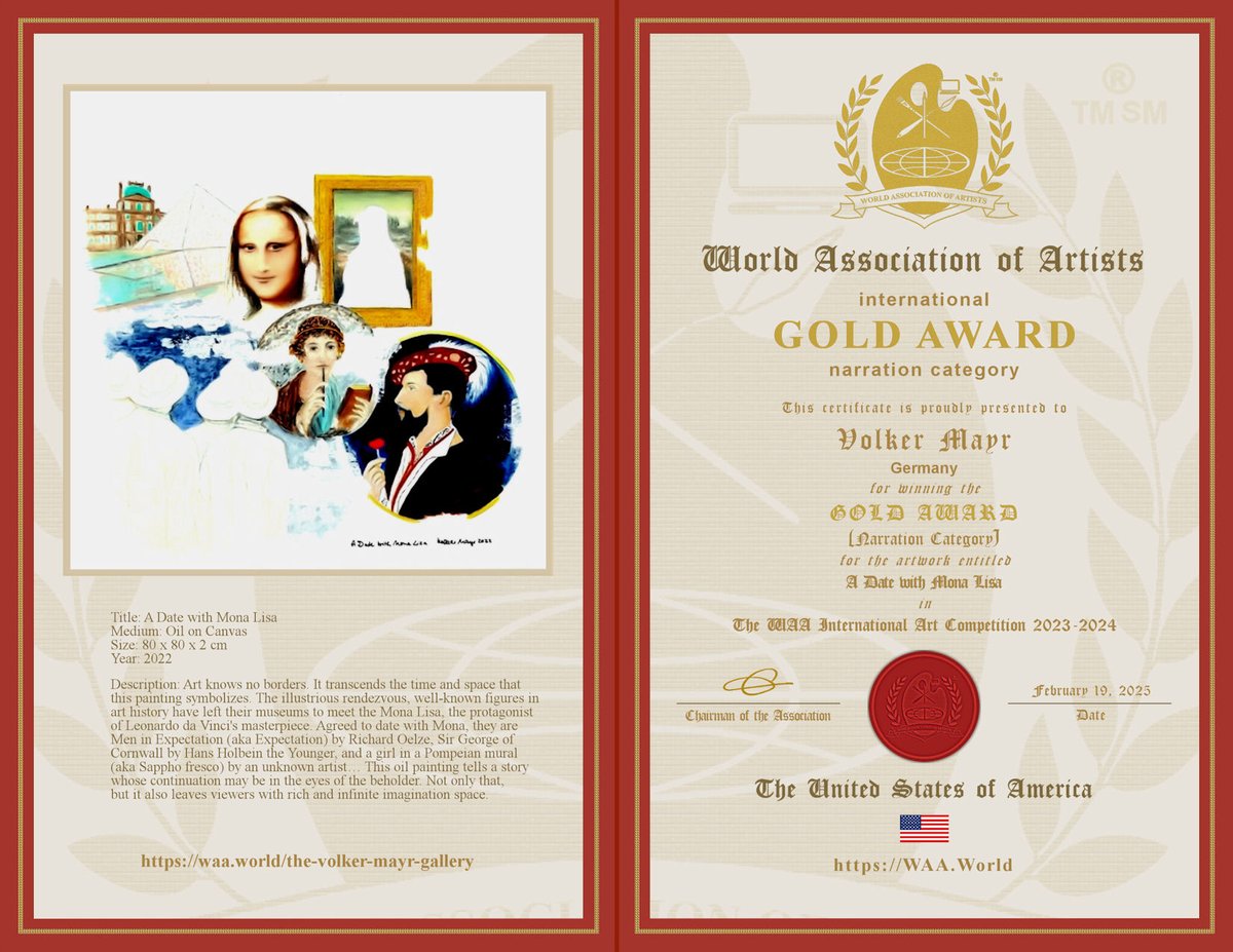 ^

INTERNATIONAL ART REPUTATION

The WAA International Art Competition 2023-2024

GOLD AWARD WINNER 
(Narration Category)

Volker Mayr (Germany)

waa.world/competition-wi…

WAA
waa.world

#ProfessionalArtist #Art #Artist #World #Worldwide #International #Universal