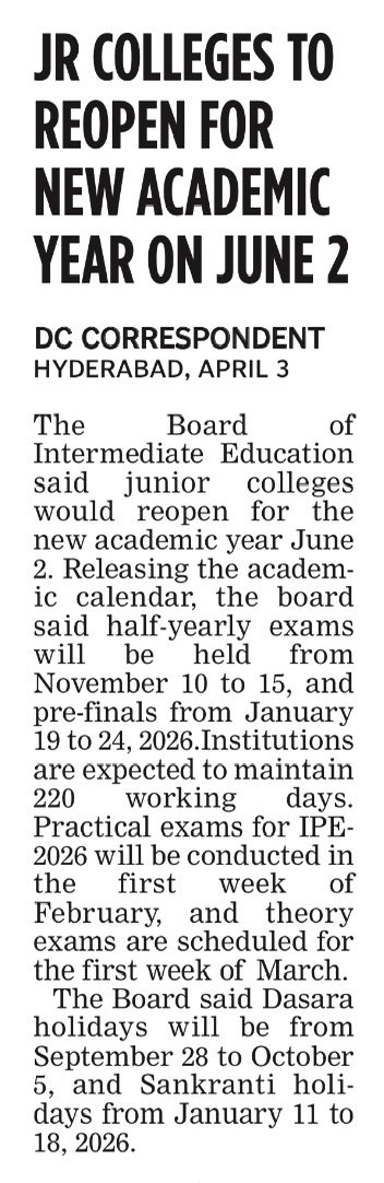 f9today's tweet image. #Telangana Junior Colleges to re-open for new academic year on June 2. #BoardofIntermediateEducation
