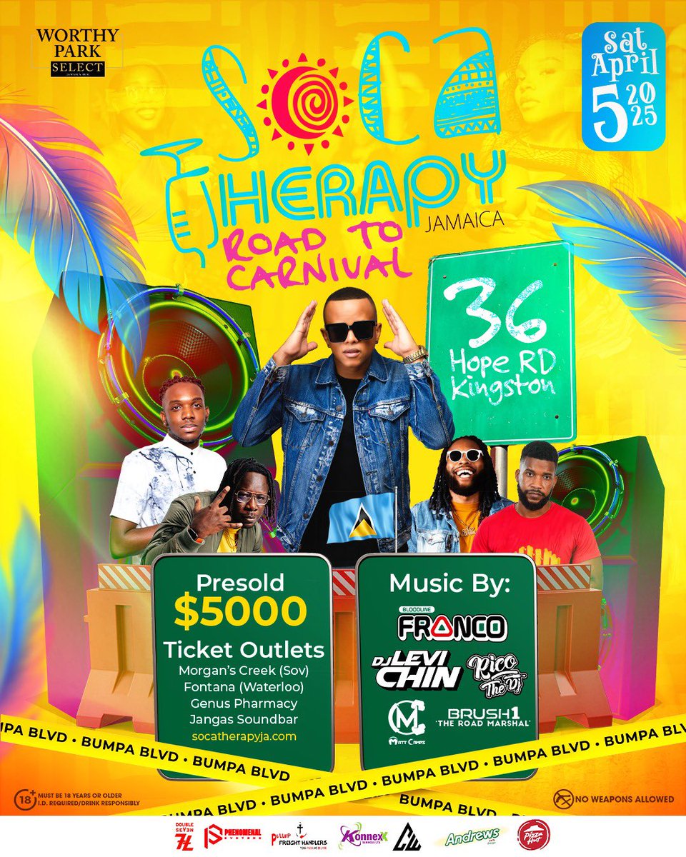 Soca Therapy: Road to Carnival Just a couple days away‼️✨

📅 Date: April 5, 2025
📍 Location: 36 Hope Rd, Kingston

Presold Tickets: $5000

Online at socatherapyja.com 

It’s almost time to chip down Bumpa Blvd—don’t miss it! 

#SocaTherapy #BumpaBlvd