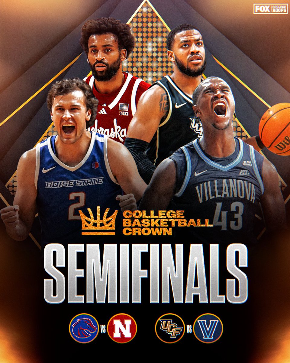FOX College Hoops (@cbbonfox) on Twitter photo The <a href="/CBBCrown/">College Basketball Crown</a> semifinals are SET 👑
▪️<a href="/BroncoSportsMBB/">Boise State MBB</a> vs <a href="/HuskerMBB/">Nebraska Men's Basketball</a> 
▪️<a href="/UCF_MBB/">UCF Men’s Hoops 🌴</a> vs <a href="/NovaMBB/">Villanova MBB</a> The <a href="/CBBCrown/">College Basketball Crown</a> semifinals are SET 👑
▪️<a href="/BroncoSportsMBB/">Boise State MBB</a> vs <a href="/HuskerMBB/">Nebraska Men's Basketball</a> 
▪️<a href="/UCF_MBB/">UCF Men’s Hoops 🌴</a> vs <a href="/NovaMBB/">Villanova MBB</a>