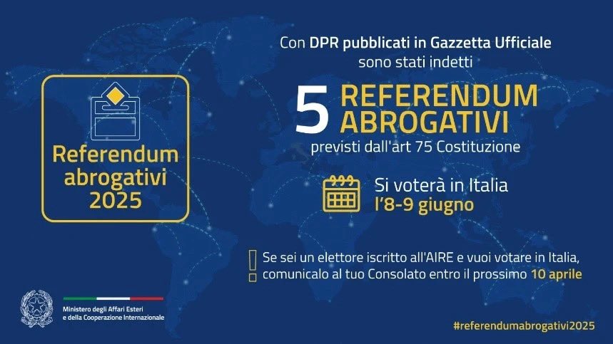 #referendumabrogativi2025
Indetti per l’8-9 giugno 5 referendum abrogativi previsti dall’art. 75 della Costituzione. Se sei iscritto all’AIRE riceverai a casa il plico per votare. Se vuoi votare in Italia, comunicalo al tuo Consolato entro il 10 aprile 👇🏻
conscanton.esteri.it/it/news/dal_co…