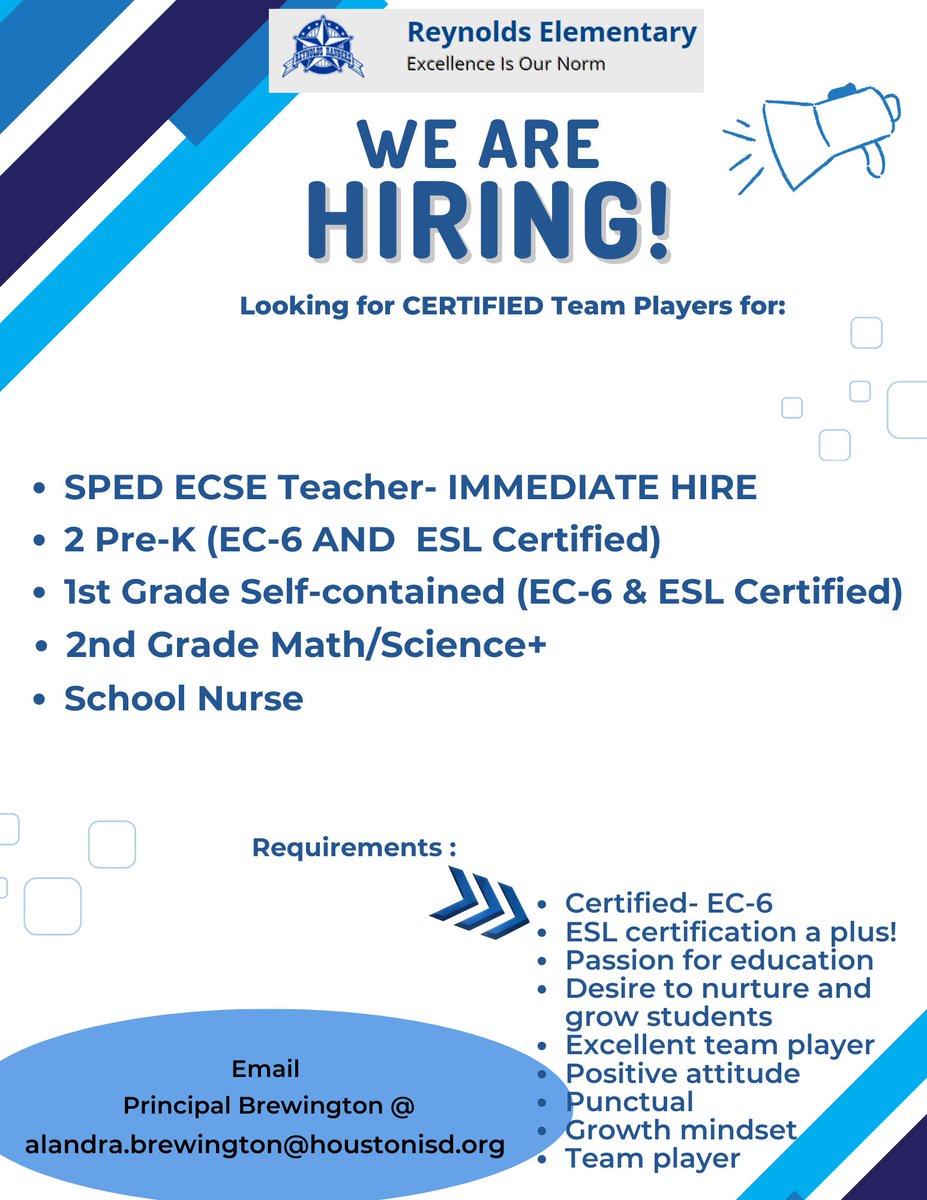 Alandra Brewington, Principal, M. Ed (@alandrabrewing1) on Twitter photo Are you looking to join a team dedicated to excellence and educating the next generation of future leaders in HISD? Then look no further!
Email your resume now to alandra.brewington@houstonisd.org and be a part of EXCELLENCE! Are you looking to join a team dedicated to excellence and educating the next generation of future leaders in HISD? Then look no further!
Email your resume now to alandra.brewington@houstonisd.org and be a part of EXCELLENCE!