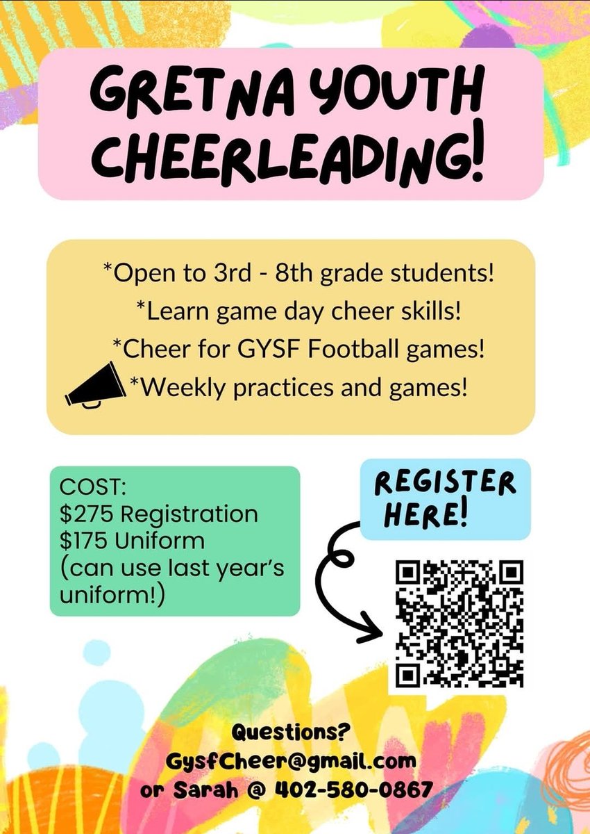 Earlybird Deadline ENDS April 15. Some grades are closing early.  

Register NOW for FALL Flag &amp; tackle football and youth Cheer  gretnafootball.com GYSF Cheer