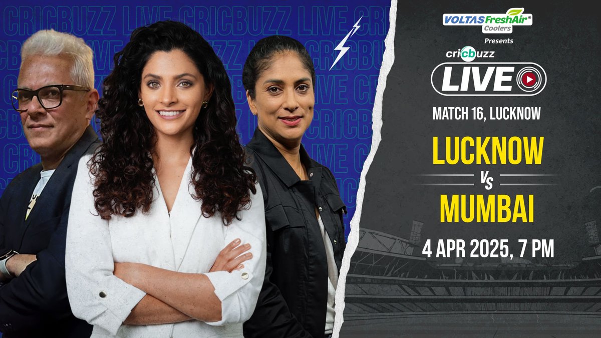 Cricbuzz (@cricbuzz) on Twitter photo Mumbai’s momentum vs Lucknow’s resilience - who takes control?
Join <a href="/joybhattacharj/">Joy Bhattacharjya</a>, <a href="/sthalekar93/">Lisa Sthalekar</a> & <a href="/SaiyamiKher/">Saiyami Kher</a>, on Cricbuzz Live
#IPL2025 #LSGvMI Mumbai’s momentum vs Lucknow’s resilience - who takes control?
Join <a href="/joybhattacharj/">Joy Bhattacharjya</a>, <a href="/sthalekar93/">Lisa Sthalekar</a> & <a href="/SaiyamiKher/">Saiyami Kher</a>, on Cricbuzz Live
#IPL2025 #LSGvMI