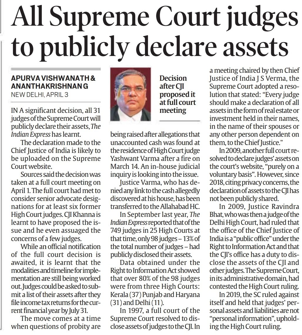 Why not every Judge? Focus should not be on Supreme Court judges only. Even lower Judiciary has also been under a probity concern... So,all judges should declare their assets. No problem in this.And it should not be voluntary.Mandatory practice shld be there. What say ? #UPSC