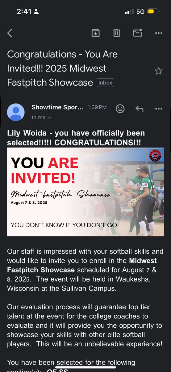 Wow!! Thank you Showtime for inviting me back again to the Midwest Fastpitch Showcase! Opening this email really brightened up my day on all occasions! Having such a great opportunity like this truly embraces my love and passion for softball! 🥎‼️
#softballnewpost #letsplayball