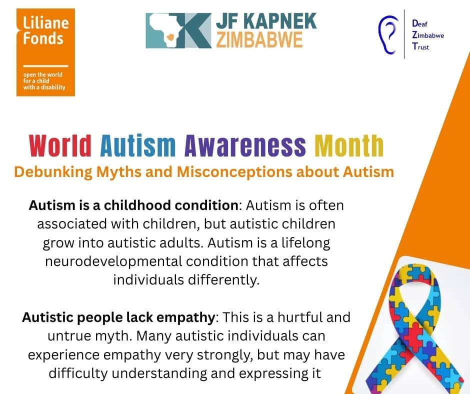 Deaf Zimbabwe Trust (@deafzimtrust) on Twitter photo Debunking Myths and Misconceptions about Autism
Autism is a childhood condition: Autism is often associated with children, but autistic children grow into autistic adults. Autism is a lifelong neurodevelopmental condition that affects individuals differently.
<a href="/ParliamentZim/">Parliament of Zimbabwe</a> Debunking Myths and Misconceptions about Autism
Autism is a childhood condition: Autism is often associated with children, but autistic children grow into autistic adults. Autism is a lifelong neurodevelopmental condition that affects individuals differently.
<a href="/ParliamentZim/">Parliament of Zimbabwe</a>