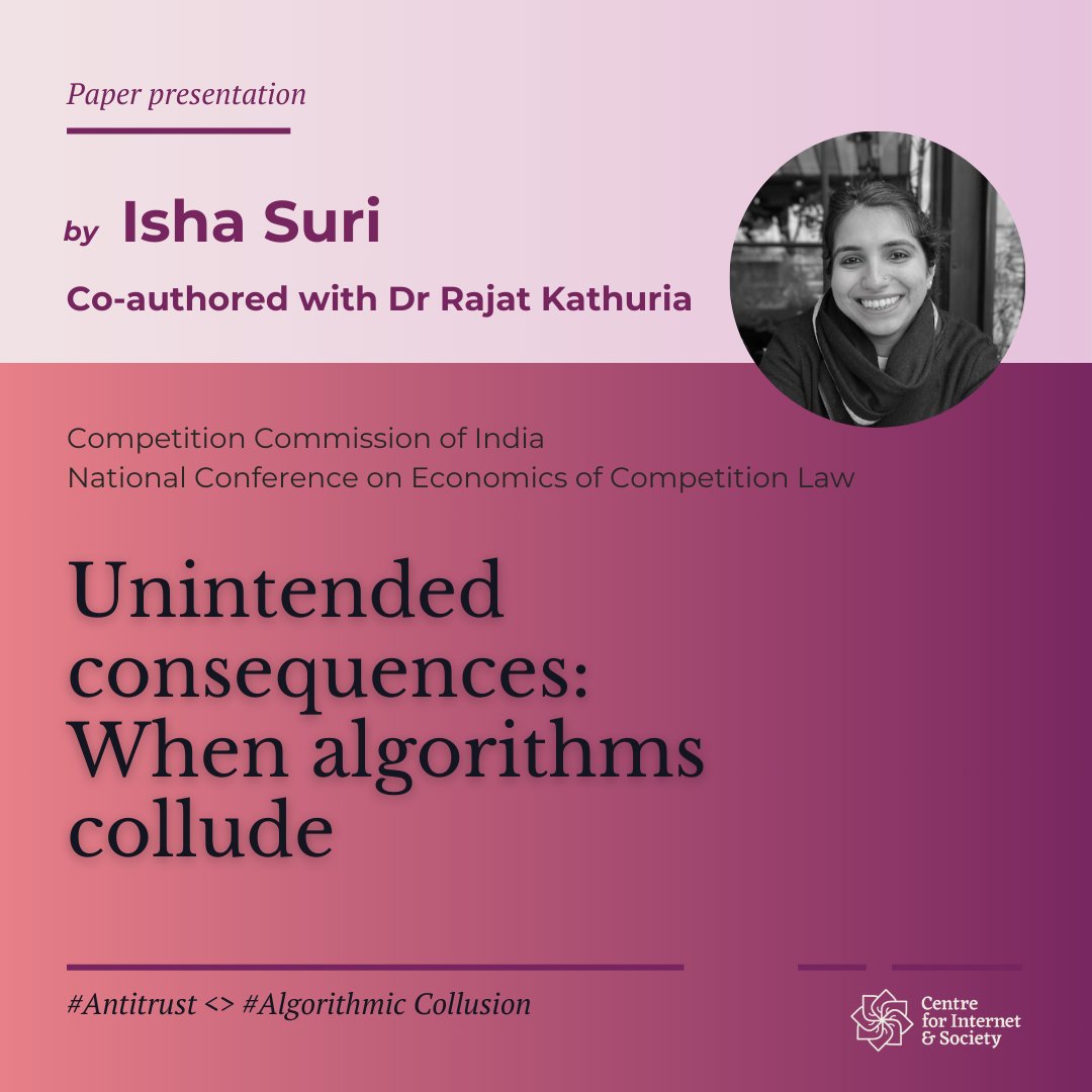 Centre for Internet and Society (@cis_india) on Twitter photo In another paper, Isha & <a href="/kathuria_rajat/">rajat kathuria</a> evaluate the effects of pricing algorithms on competition in India’s domestic aviation industry. Their work studies patterns of collusion using airline pricing data collected from APIs, and raises key questions for market regulators! In another paper, Isha & <a href="/kathuria_rajat/">rajat kathuria</a> evaluate the effects of pricing algorithms on competition in India’s domestic aviation industry. Their work studies patterns of collusion using airline pricing data collected from APIs, and raises key questions for market regulators!