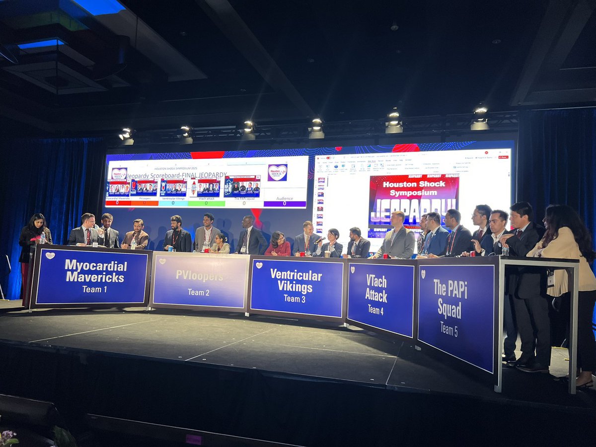 Jay_Oza_'s tweet photo. A fantastic afternoon of learning and fun at Houston Shock Symposium Jeopardy!  Huge thanks to our amazing hosts @NadeenFaza &amp; @dr_chebrolu and our esteemed judges @akkanti , @GarimaDahiyaMD , @carlosalviar , and Dr. Hollenberg! @HoustonShockHSS https://t.co/u0EAaO3QiT