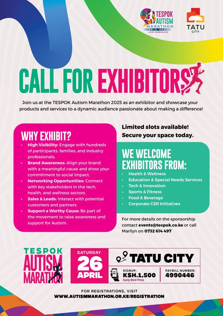 TESPOK_KENYA's tweet image. Showcase your brand at #TESPOKAutismMarathon2025!

Book your exhibition space from just Ksh 50,000 &amp;amp; connect with thousands.

Event: 26th April | Tatu City
Email: events@tespok.co.ke
Call: 0732614497
Register: autismmarathon.or.ke/registration/

#ExhibitWithUs #RunForAutism