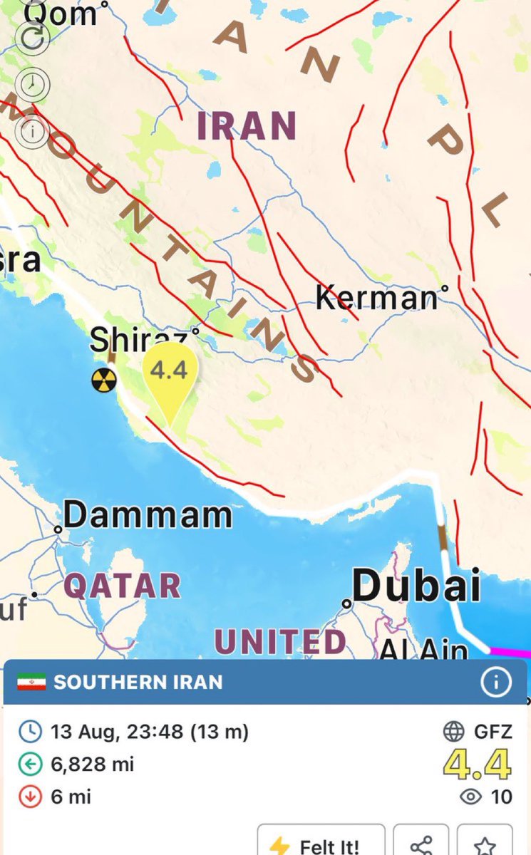 tparon's tweet image. 🚨🇮🇷⚡️4.5 Magnitude ⚠️
Earthquake has struck near the Shiraz nuclear test site facility in Iran possible underground nuclear test ☢️