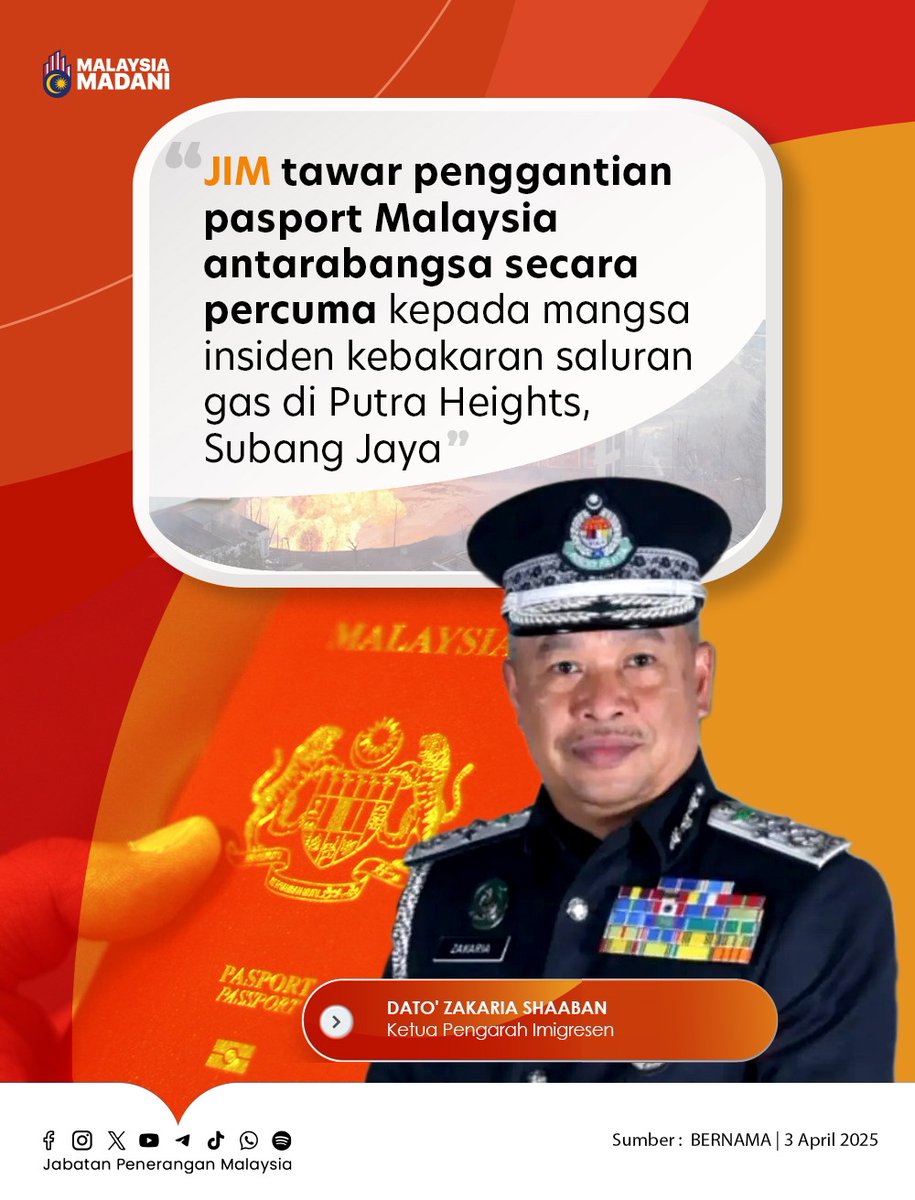 Kebakaran Saluran Gas Di Putra Heights

🔶 Jabatan Imigresen Malaysia (JIM) menawarkan penggantian pasport Malaysia antarabangsa secara percuma kepada mangsa insiden.
