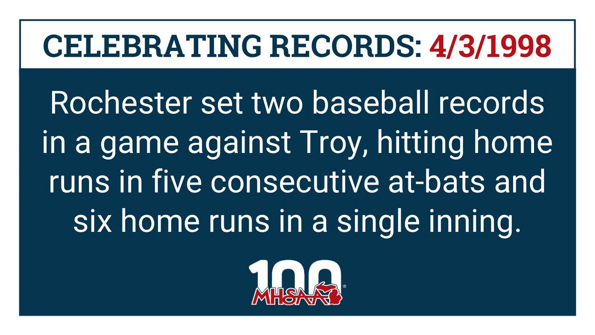 MHSAA (@mhsaa) on Twitter photo ⚾️#MHSAA100 #record >> On this day in 1998...
#baseball #rochester
<a href="/ROCH_Athletics/">Rochester Falcons Athletic Department</a> <a href="/RHSFalcons/">Rochester High School</a> ⚾️#MHSAA100 #record >> On this day in 1998...
#baseball #rochester
<a href="/ROCH_Athletics/">Rochester Falcons Athletic Department</a> <a href="/RHSFalcons/">Rochester High School</a>
