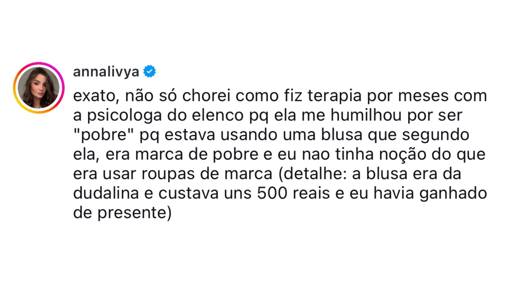 Anna Livya também falou sobre o caso - Foto: Instagram