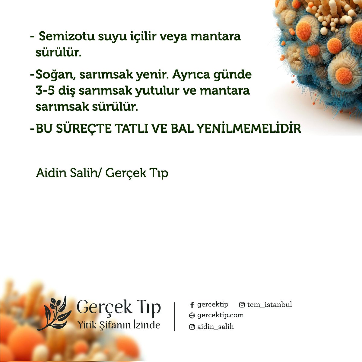 MANTAR
Kanın pH dengesinin bozulmasıyla kanda asitin artması mantara sebep olur
Kanka asiti artıran yiyeceklerden uzak durmak gerekir.
Beslenme düzeltilerek, genel tedavi uygulanır.
-BU SÜREÇTE TATLI VE BAL YENİLMEMELİDİR

Aidin Salih/ Gerçek Tıp