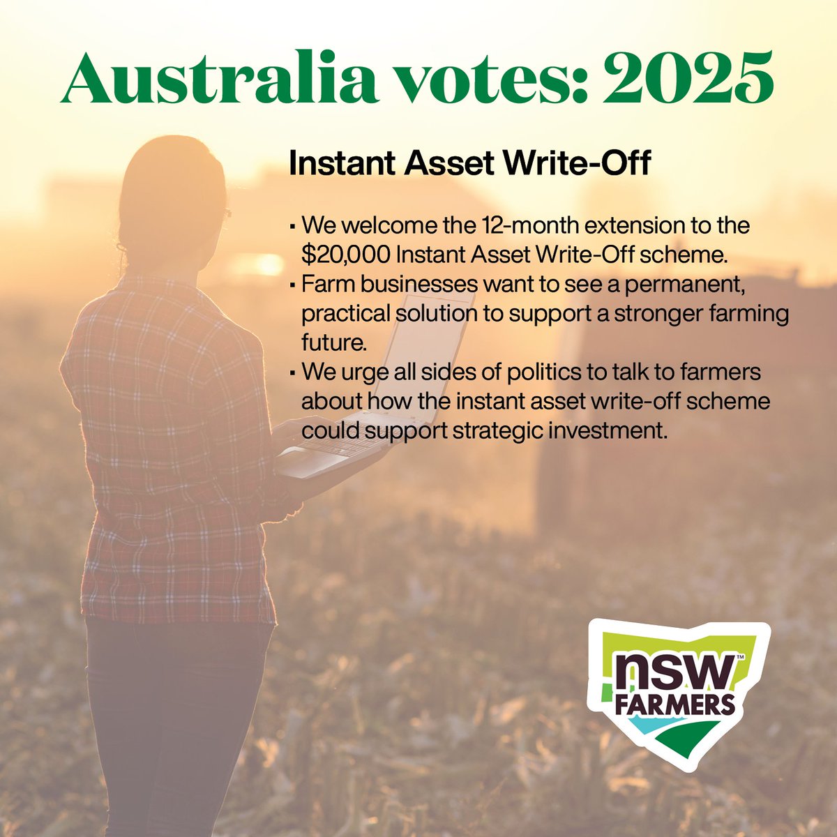 NSW Farmers (@nswfarmers) on Twitter photo NSW Farmers has welcomed the <a href="/AlboMP/">Anthony Albanese</a>'s announcement that the $20,000 instant asset write-off will be extended, if re-elected.
Read our media release here: nswfarmers.org.au/NSWFA/Posts/Meโฆ NSW Farmers has welcomed the <a href="/AlboMP/">Anthony Albanese</a>'s announcement that the $20,000 instant asset write-off will be extended, if re-elected.
Read our media release here: nswfarmers.org.au/NSWFA/Posts/Meโฆ