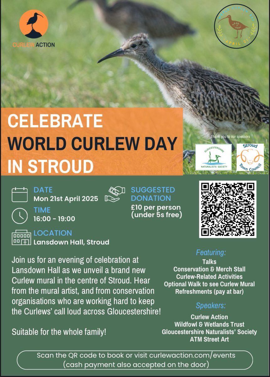 Come to Stroud on World Curlew Day, April 21st, and celebrate with Curlew Action these beautiful, endangered birds. See the new mural, listen to talks, take part in activities. Everyone welcome. #worldcurlewday25