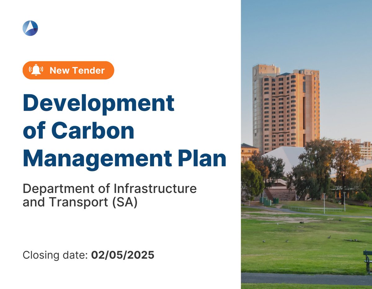 📢 New Tender 📢

The Department for Infrastructure and Transport (SA) is seeking the services of a supplier to lead the development of a Carbon Management Plan for its operational emissions.

Full Tender details 👇
hubs.ly/Q03fTXbt0

#Tenders #EnvironmentalManagement