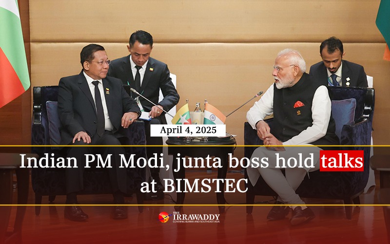 IrrawaddyNews's tweet photo. Indian Prime Minister Narendra Modi and Myanmar junta boss Min Aung Hlaing discussed bilateral ties on the sidelines of BIMSTEC in Bangkok on Friday, Modi said on X, while also expressing his condolences over last week’s earthquake in Myanmar. 
(Photo: Narendra Modi X) https://t.co/fzSRRzBt3k