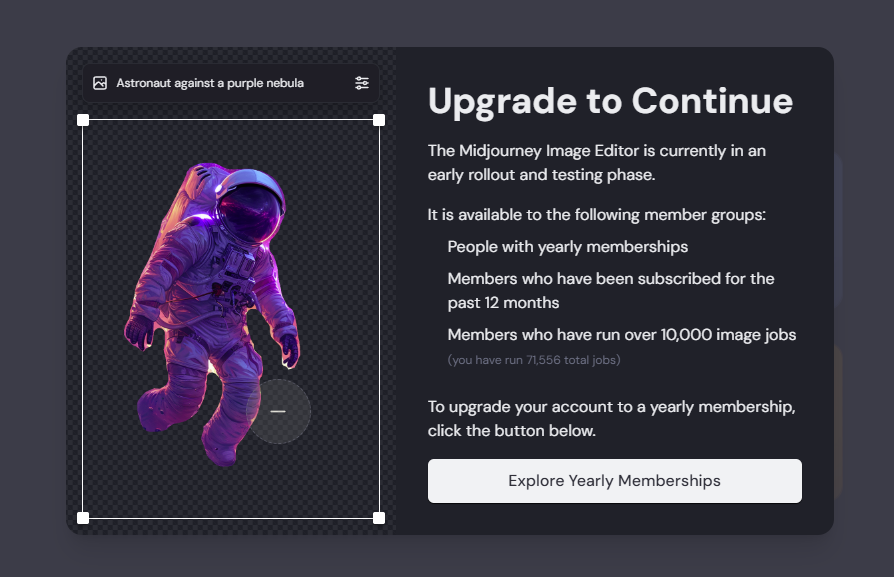 MasteringAIArt's tweet photo. Is anyone else having this issue with @midjourney not allowing you to access the editor feature even when you meet their requirements? https://t.co/KbgUaRinXO