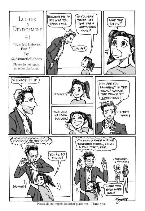 Happy Friday, everyone! It's time for another #LuciferInDevelopmentComics #flashback! Here is no. 41: Lucifer tells Scarlett who he really is.... 😅😅😅 Enjoy! 💖💖💖💖💖 #LuciferNetflix #Lucifer