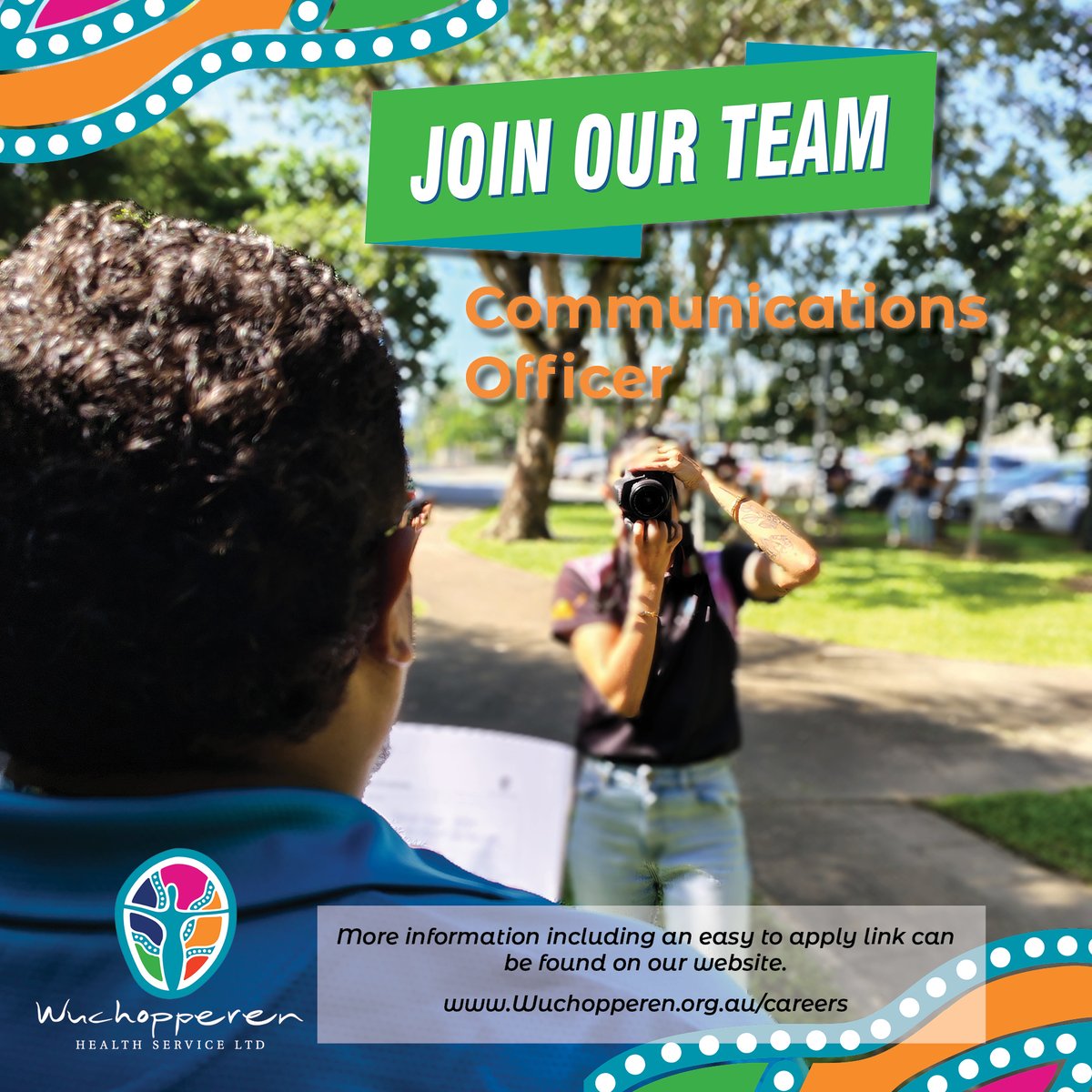 Join our Team
Wuchopperen Health Service in Cairns is seeking a full time Communications Officer (Identified).
Find out more, visit our website. Applications close Mon April 7
wuchopperen.org.au/careers
#Twenty20Thrive #WuchopperenHealthService #JoinourTeam