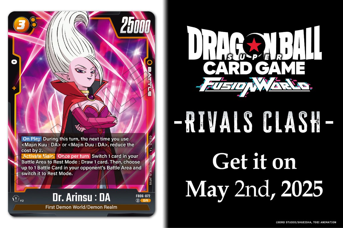 FusionWorld Booster Pack FB06 -RIVALS CLASH- Card Reveals] Today we're  revealing the Battle Card Dr. Arinsu : DA from the -RIVALS CLASH- Booster  Pack! It'll be released on May 2nd, 2025! Details: