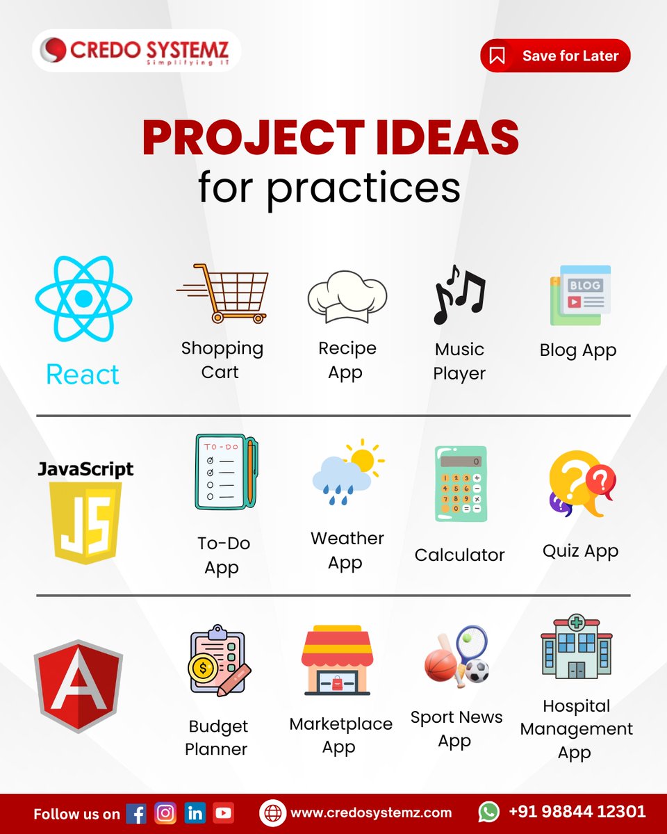 credosystemz's tweet image. Build to Learn! Pick a project & upskill today:
React: Shopping Cart 🛒 | Blog 📝
JS: To-Do App 📋 | Weather ☀️
Angular: Budget Planner 💰 | Sports News 🏀
Which one are you building? Comment below! ⬇️
#TechProjects #React #JavaScript #Angular #WebDev #CredoSystemz