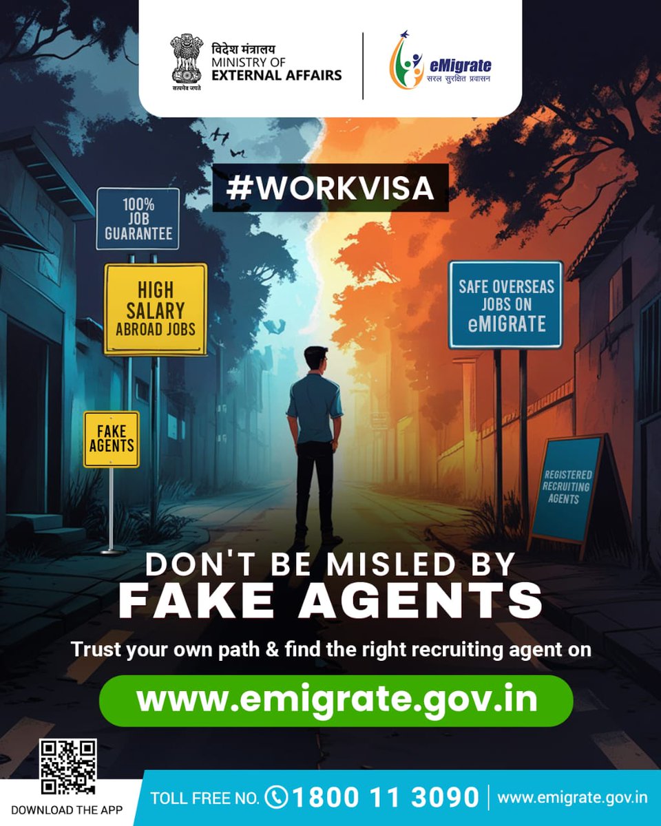 Beware of fake agents making false promises of high salaries and guaranteed jobs abroad on Instagram/Facebook. Always verify before you trust.
Connect with registered recruiting agents at emigrate.gov.in 

#eMigratePortal #VideshRozgarSathi #SafeMobility #WorkVisa