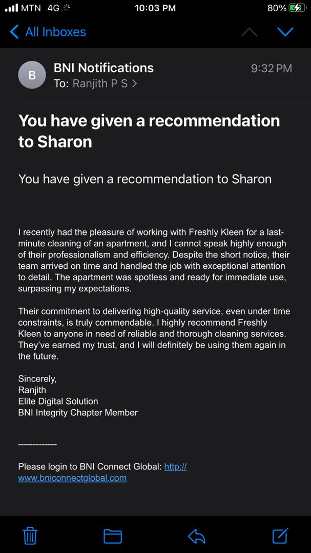 Nothing beats a glowing recommendation! ✨ Ranjith trusted Freshly Kleen for a last-minute deep clean, and we delivered beyond expectations! Need a reliable cleaning team? We’re just a booking away. #FreshlyKleen #CleaningMadeEasy #CustomerLove