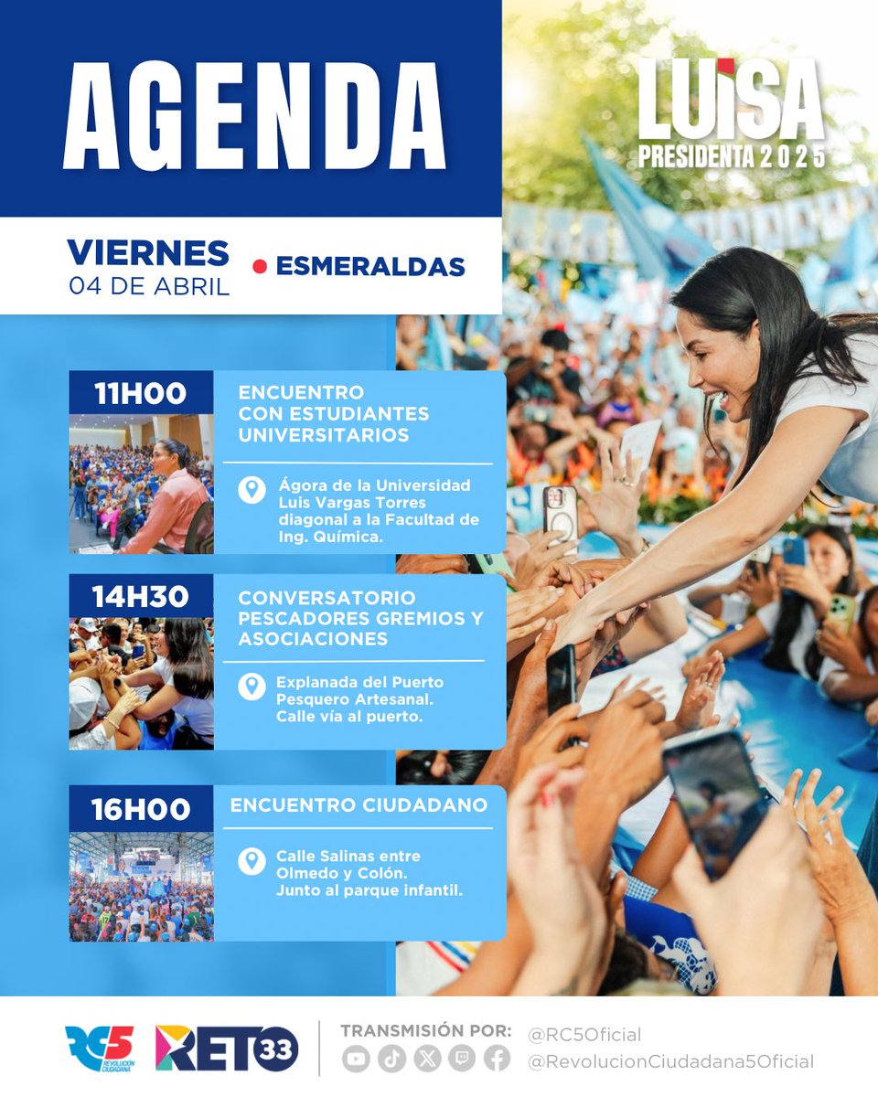 Comparto la agenda que llevaré a cabo HOY, en mi maravillosa tierra verde, Esmeraldas 💚

#LuisaPorLaVida
#LuisaPresidenta🇪🇨