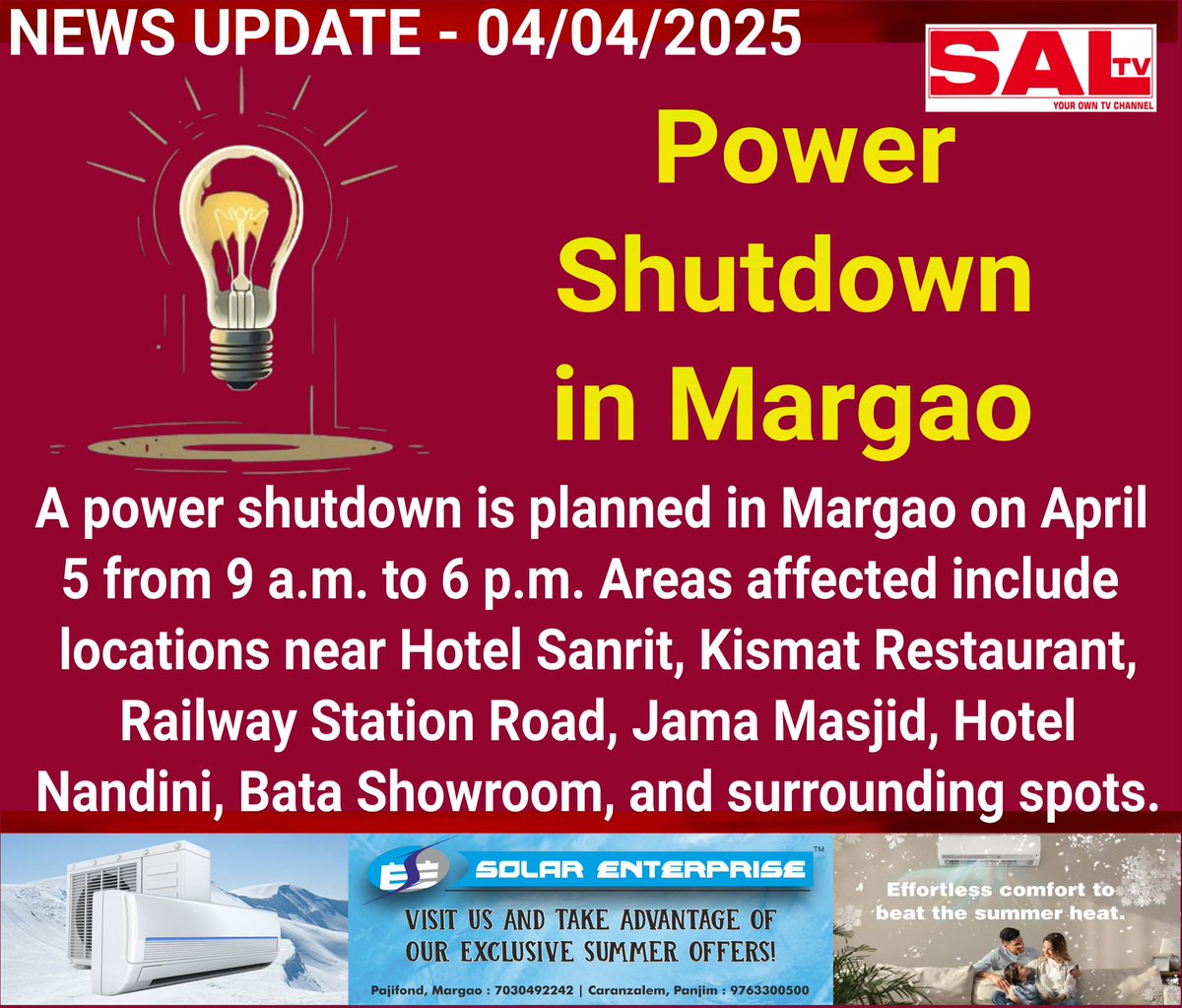 SaLtvgoa's tweet image. Power shutdown in Margao 
🔴 Get the latest headlines, updates, and live streams—follow SAL TV now!
#margao #powershutdown #nocurrent #noelectricity #maintenancework #salcete #southgoa #news #goa #BreakingNews #newsupdate #saltvgoa #saltvnews