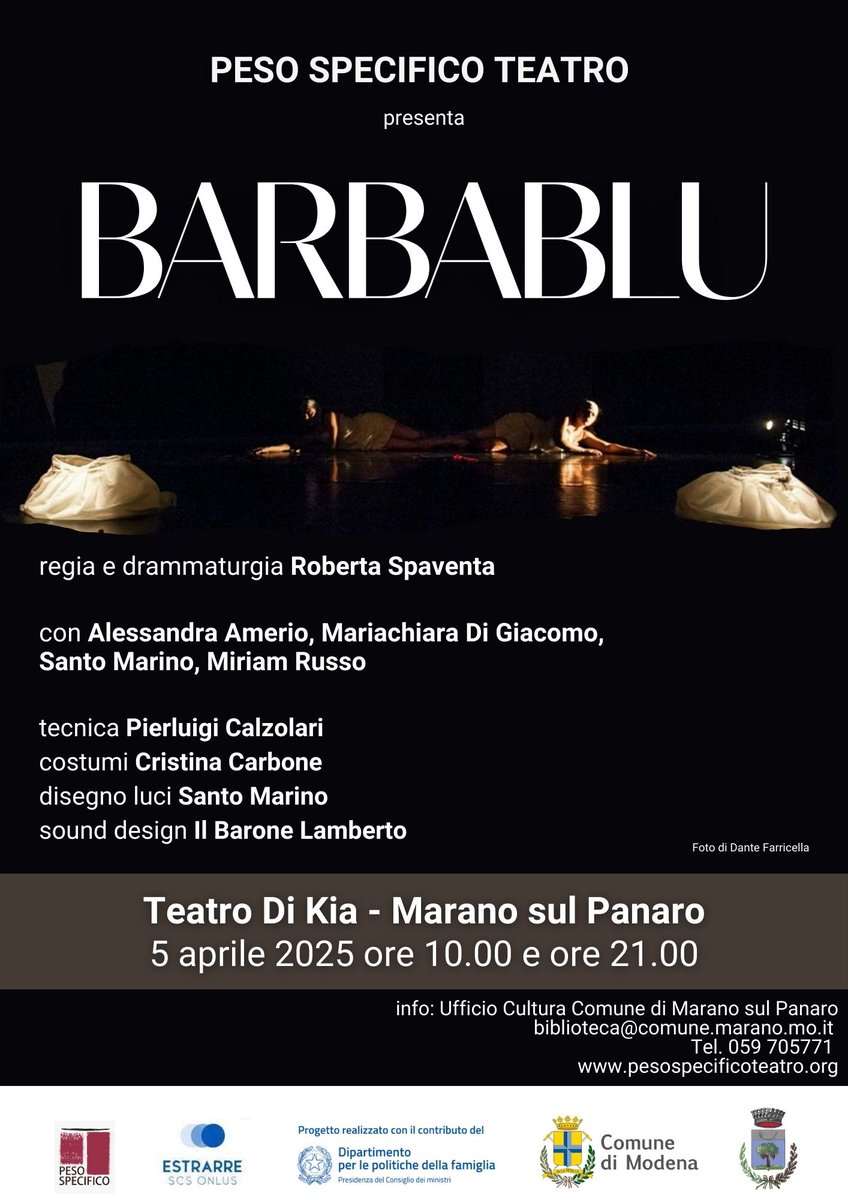 𝔹𝕒𝕣𝕓𝕒𝕓𝕝𝕦, sabato 5 aprile alle 10.00 e alle  21.00 - Teatro di Kia, Marano sul Panaro

Info e prenotazioni: 
059 705 771
biblioteca@comune.marano.mo.it

Con il sostegno del Dipartimento delle Politiche per la Famiglia, Presidenza del Consiglio dei Ministri