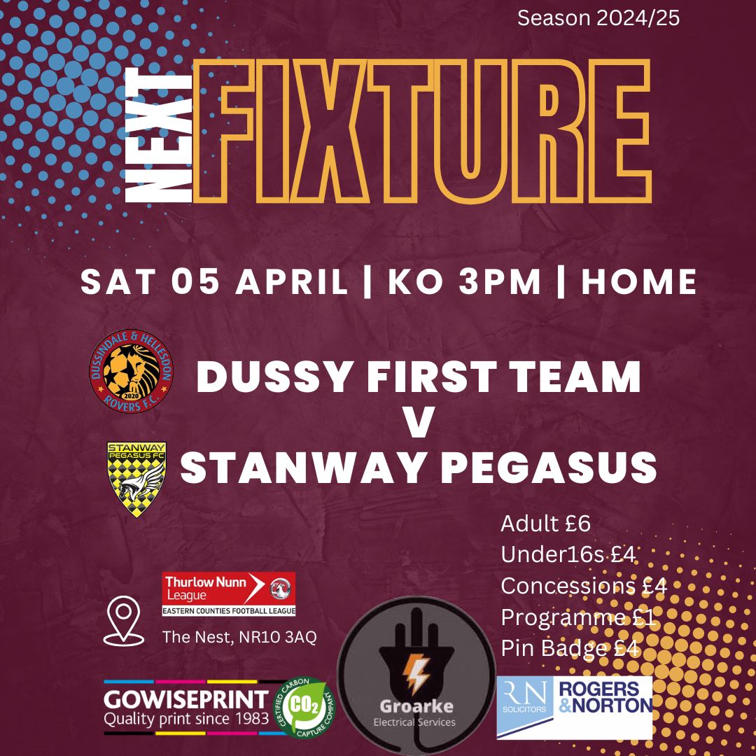 Dussindale & Hellesdon Rovers FC (@dussyroversfc) on Twitter photo Our First Team have their penultimate home game this coming Saturday.
Pop down and show your support.
📍NR10 3AQ
🆚️ <a href="/StanwayPegasus/">Stanway Pegasus FC</a>
🕰 3pm KO
#upthedhrovers Our First Team have their penultimate home game this coming Saturday.
Pop down and show your support.
📍NR10 3AQ
🆚️ <a href="/StanwayPegasus/">Stanway Pegasus FC</a>
🕰 3pm KO
#upthedhrovers